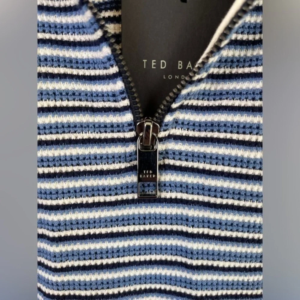 Ted Baker Cotton Blend Textured Stripe Relaxed Fit Quarter Zip Polo Shirt, NWT‎